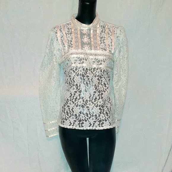 70s vintage lace high collar prairie blouse - Picture 1 of 3